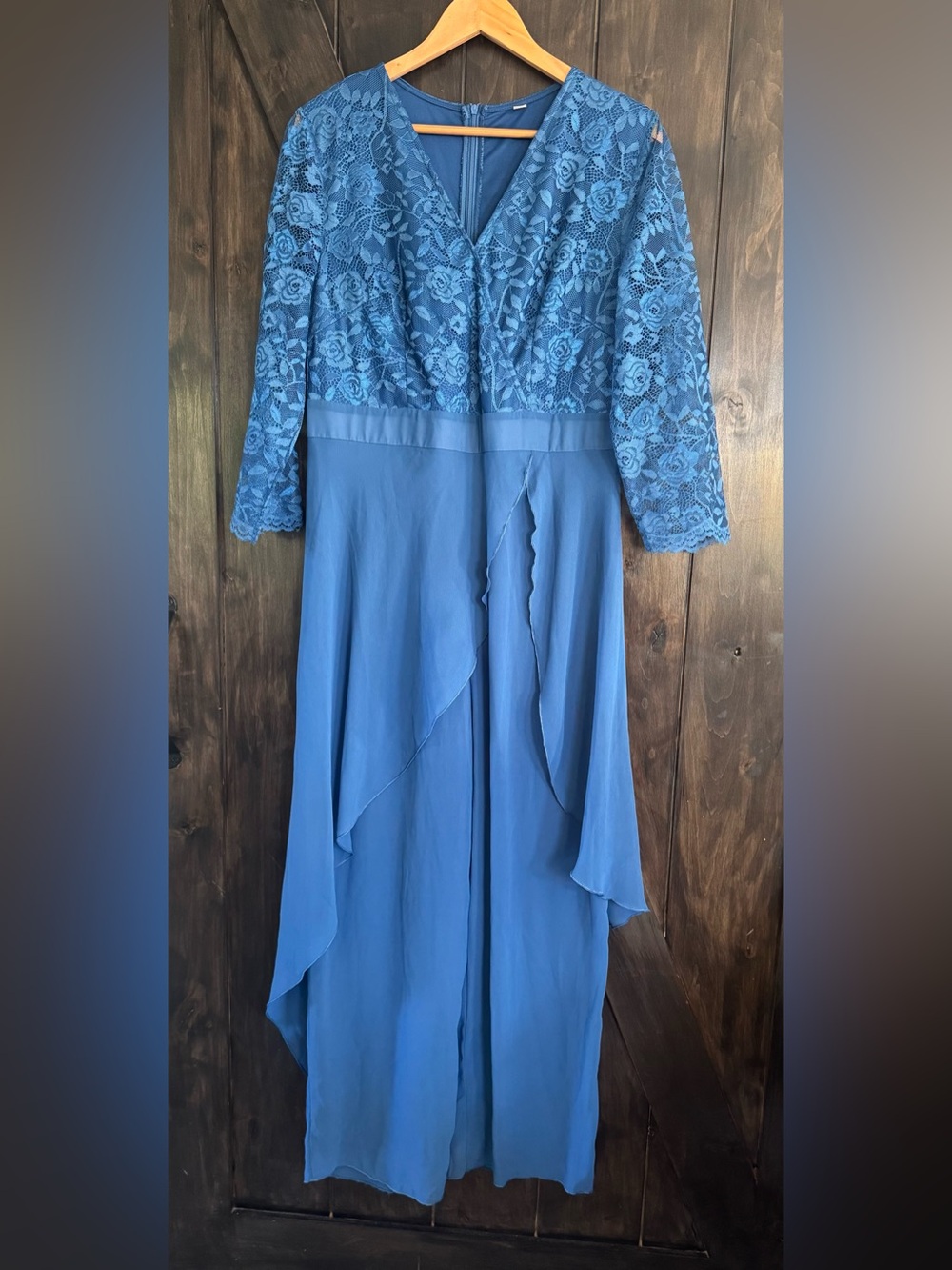 Modlily Peacock Blue Lace Chiffon Overlay Elegant Formal Jumpsuit L